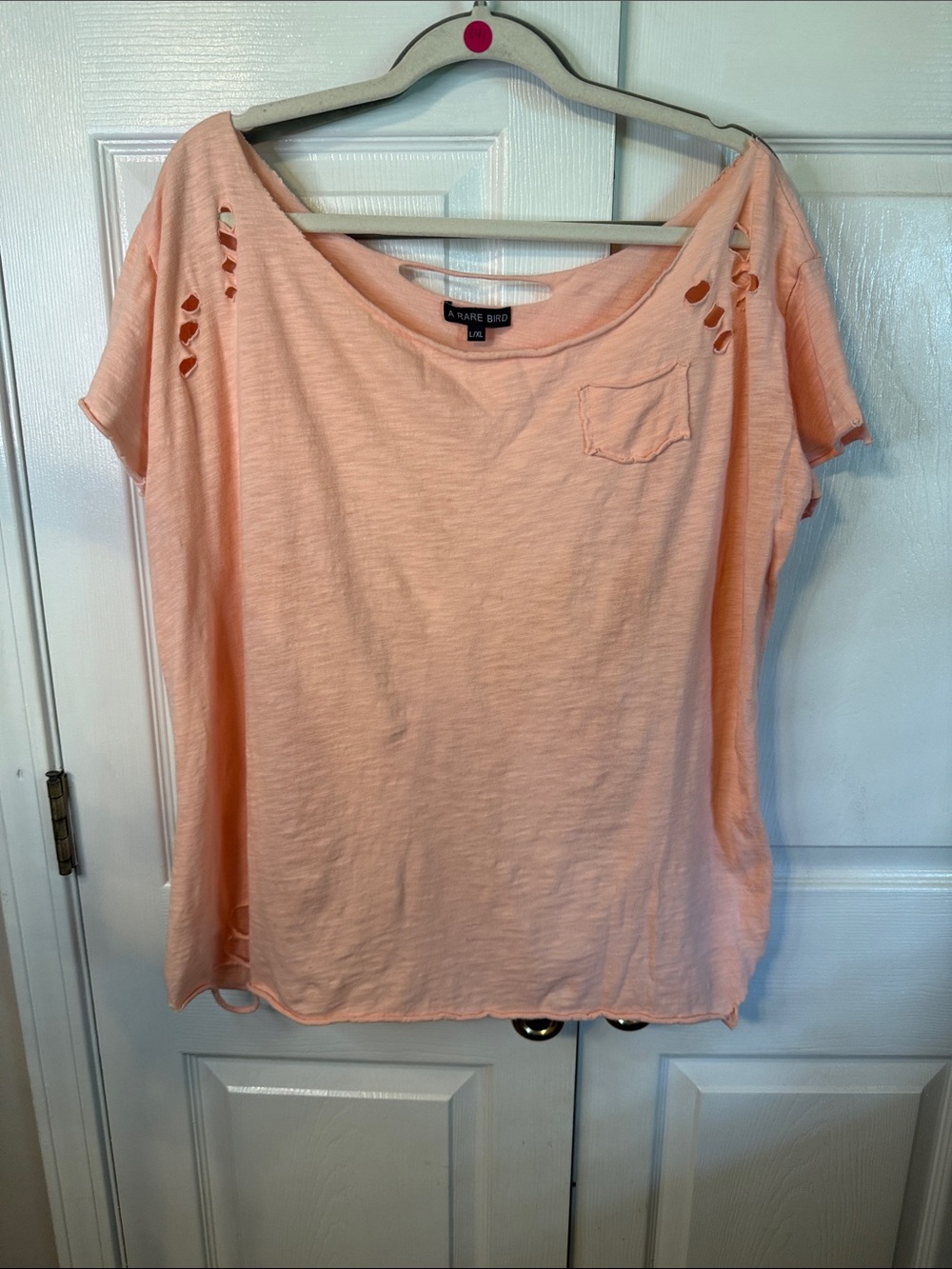 A Rare Bird Peach Short Sleeve Distressed Shoulder Tee